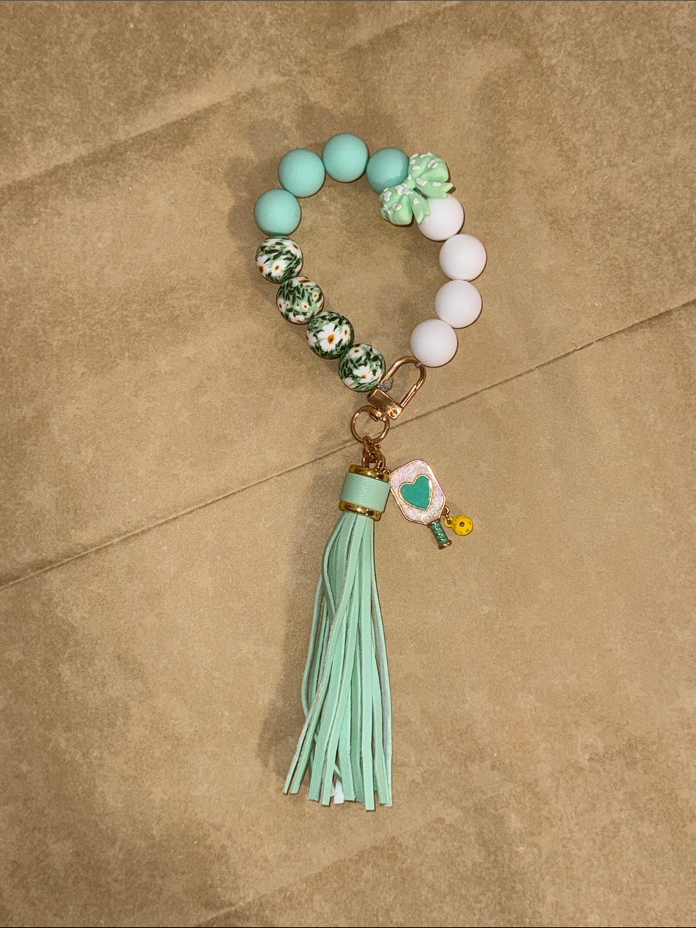 Mint Beaded Tassel Keychain Wristlet - Floral Accent